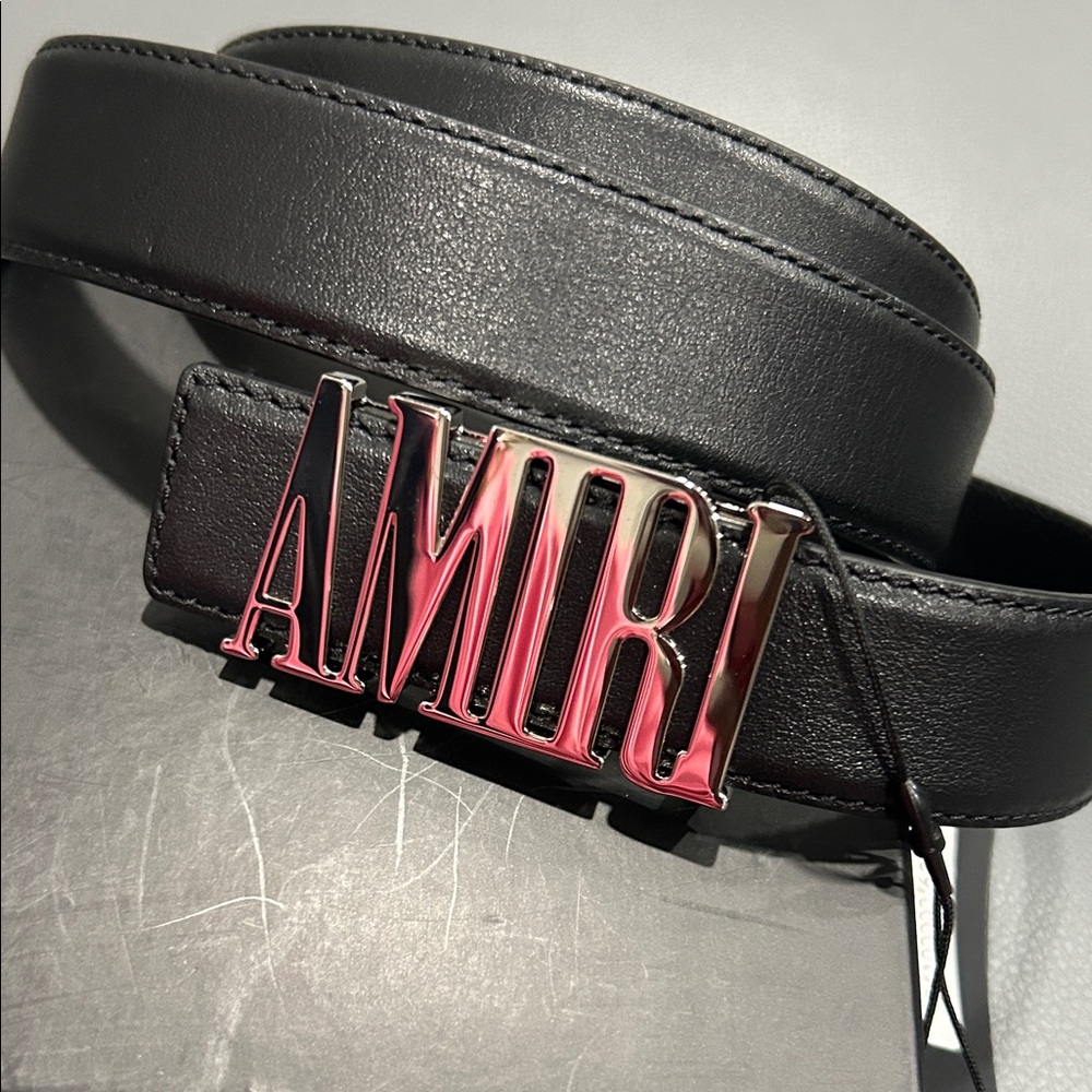 AMIRI Black Leather Belt with Metallic Logo Buckle